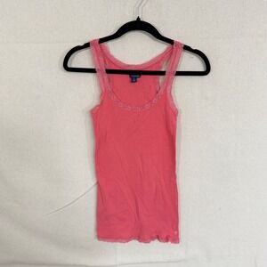 American Eagle Pink Ribbed Lace Trim Tank Top Small Coral Y2K Coquette Camisole